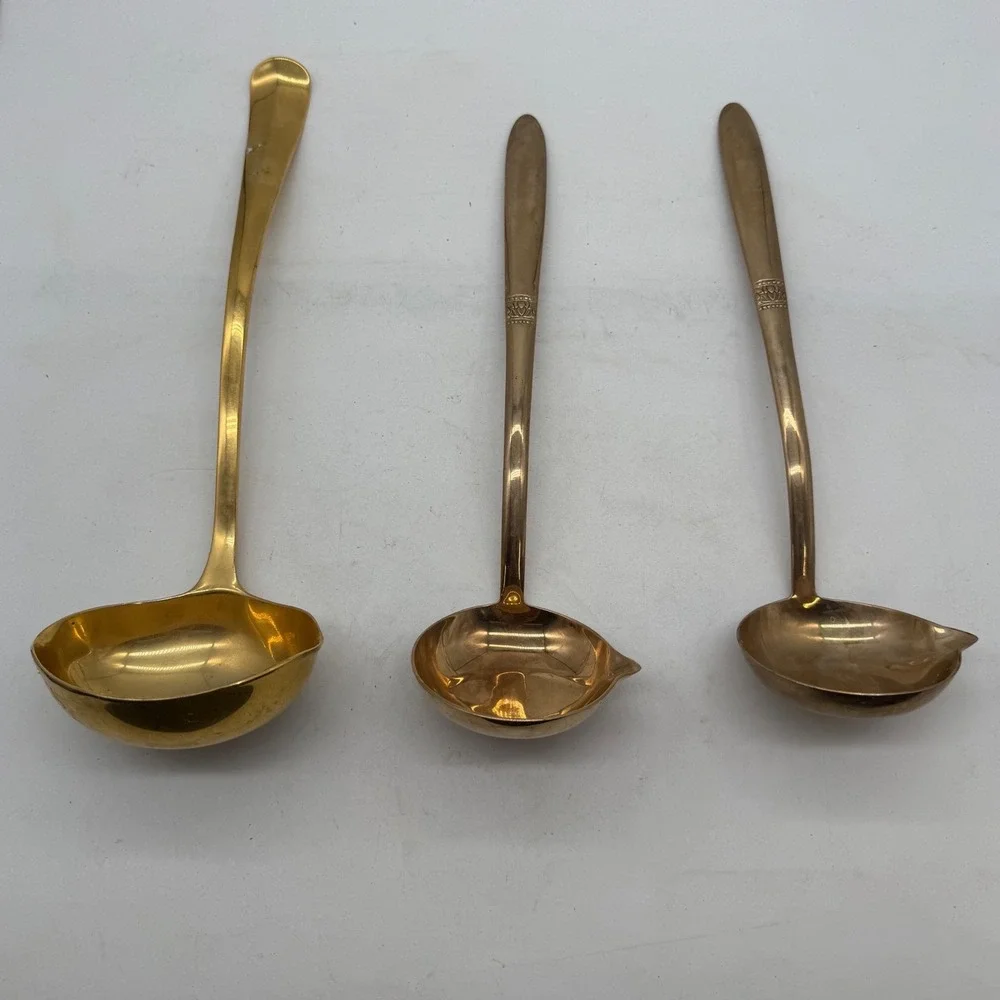 VTG MCM Thailand Bronze Brass Ladle Sauce Spoon Set 3 Gold Tone Floral Etched
